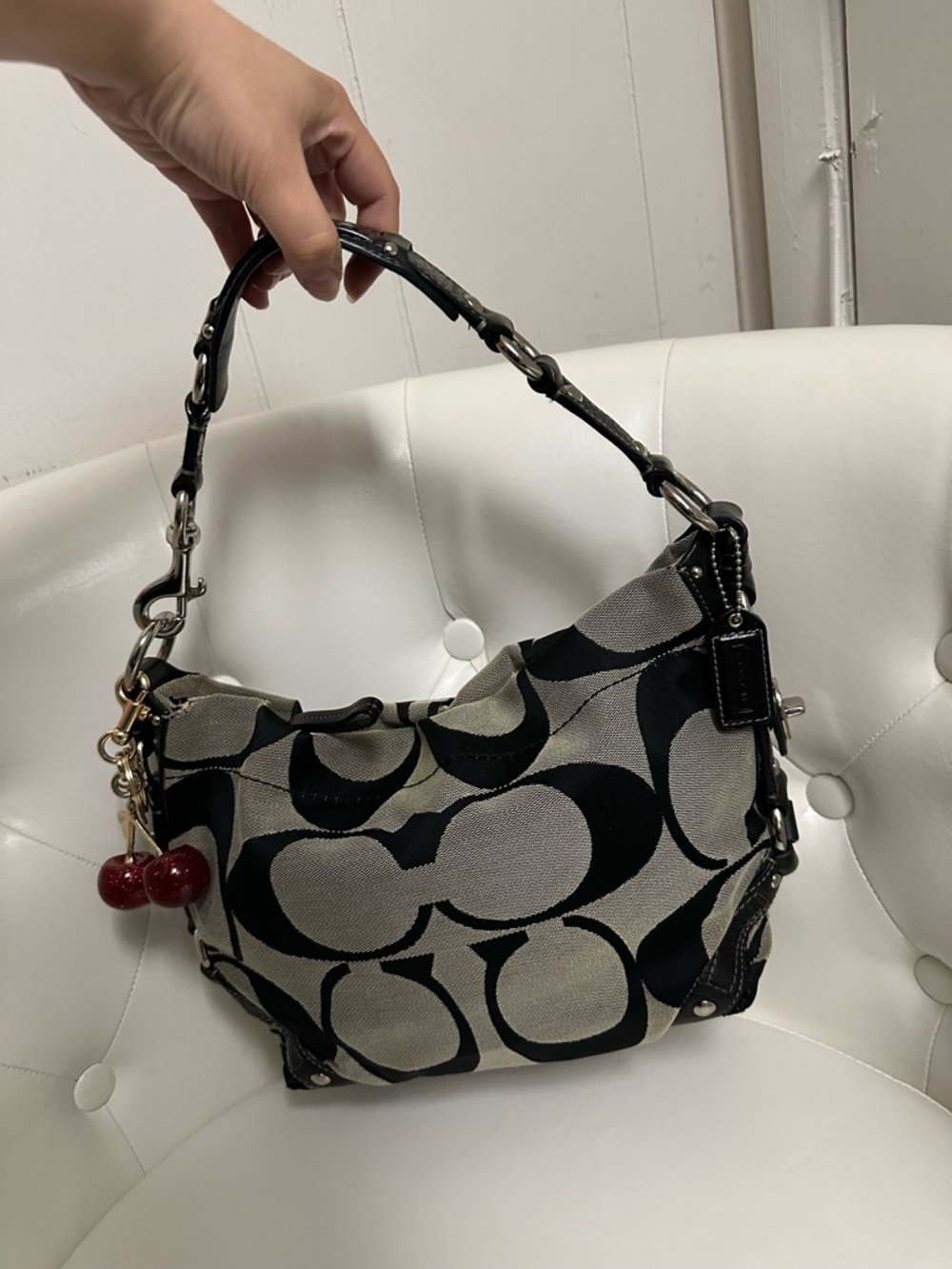 Coach Black & Gray Signature Canvas Shoulder Bag with Cherry Charm